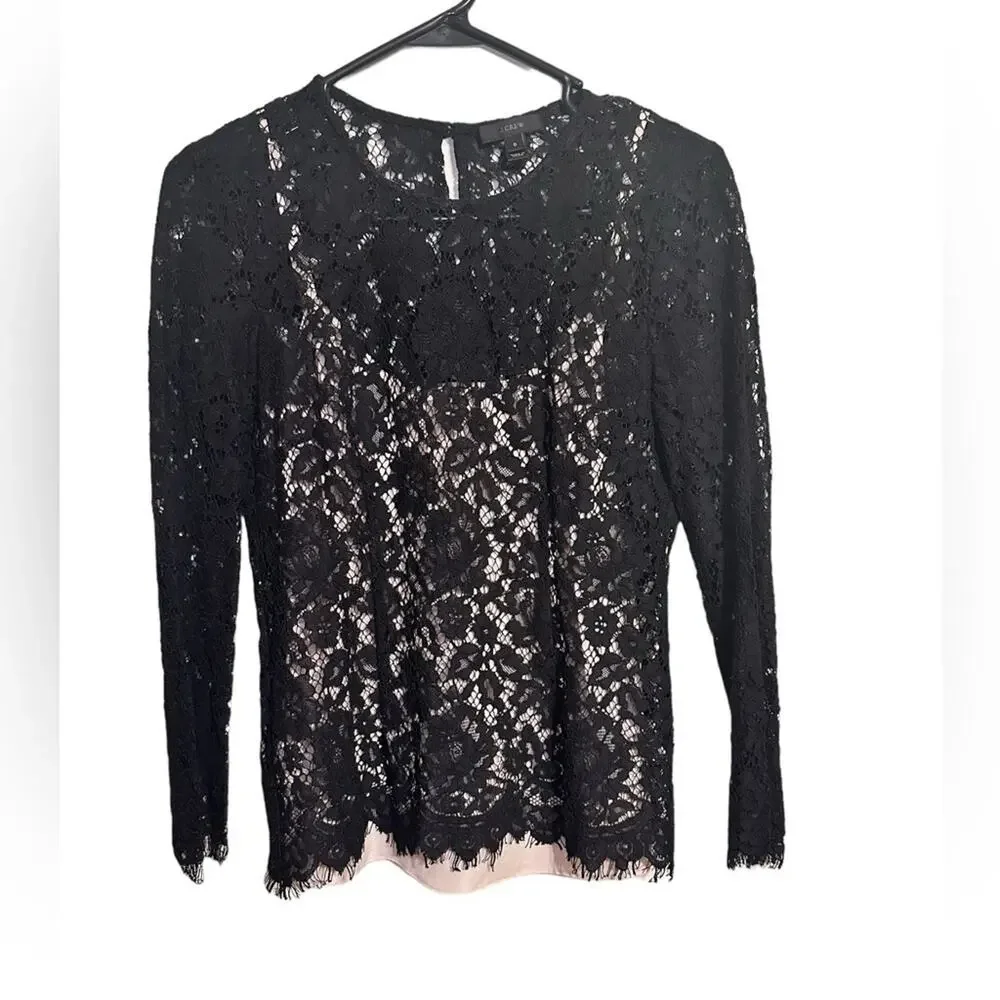 J. Crew Long Sleeve Black Lace Blouse Beige Camisole Size 0